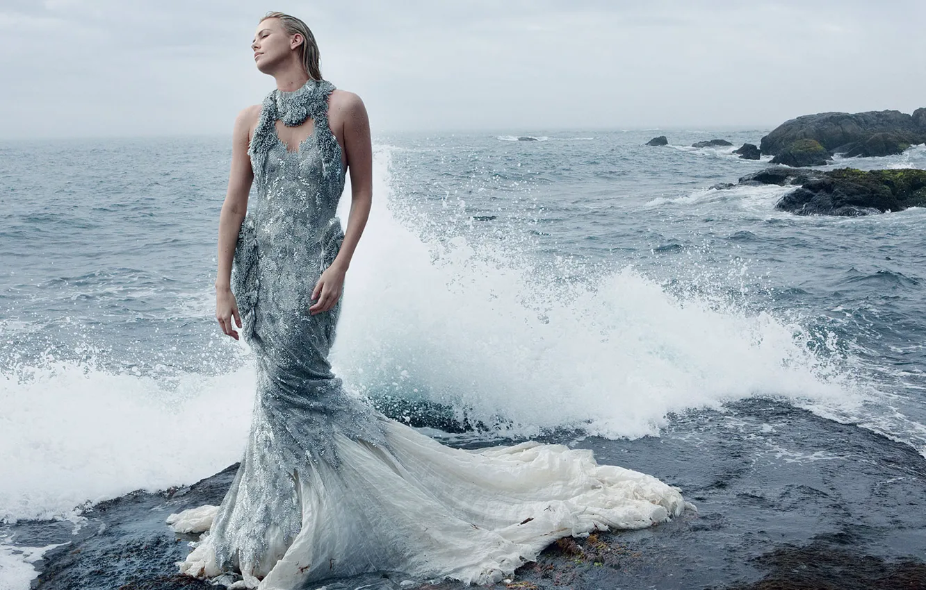 Photo wallpaper sea, girl, squirt, Charlize Theron, dress, actress, surf, Charlize Theron