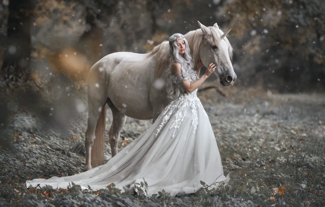 Photo wallpaper girl, nature, style, horse, horse, dress, fantasy, unicorn
