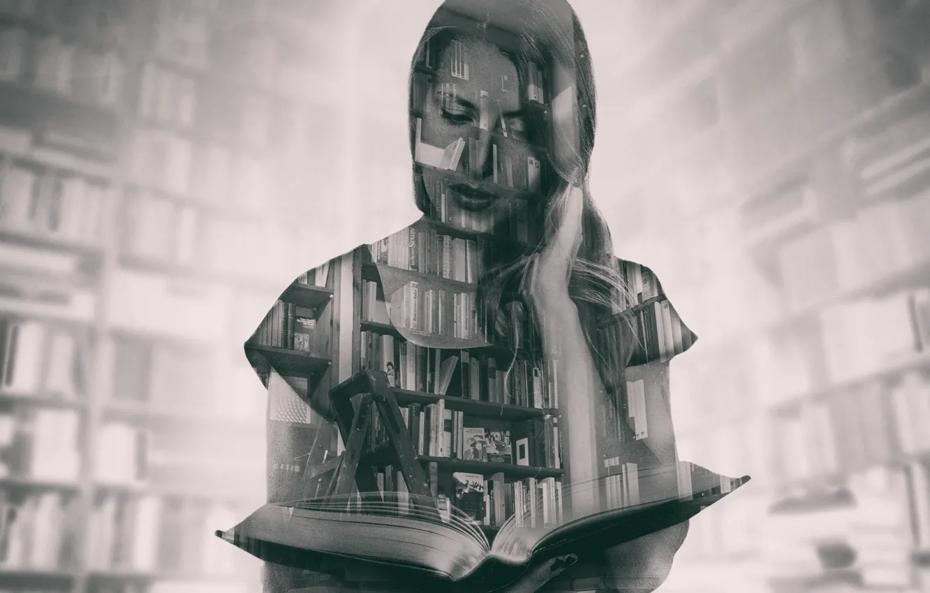 Photo wallpaper eyes, girl, hair, lips, bookstore