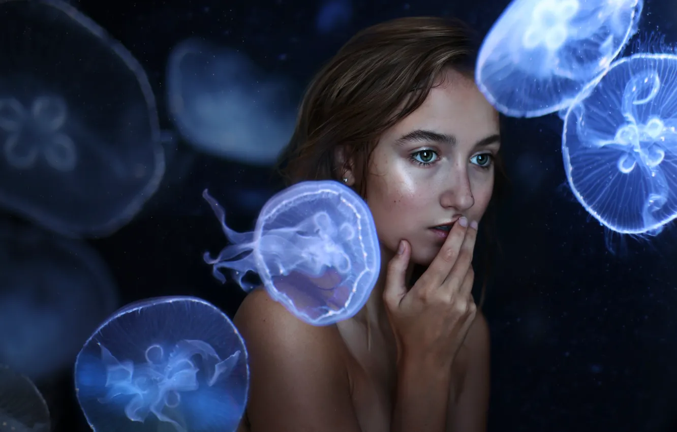 Photo wallpaper look, girl, jellyfish