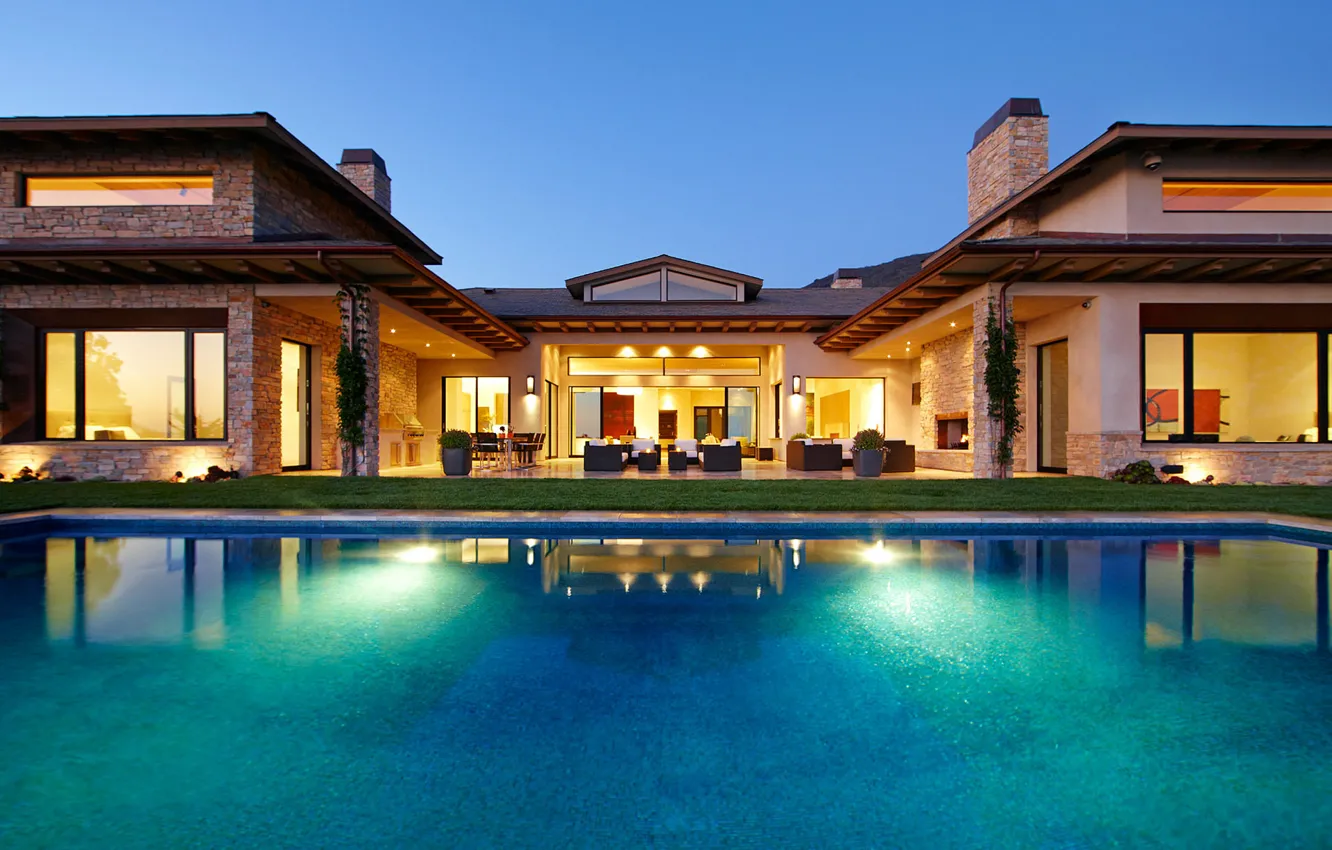 Photo wallpaper grass, table, sofa, Villa, home, chair, pool, chair