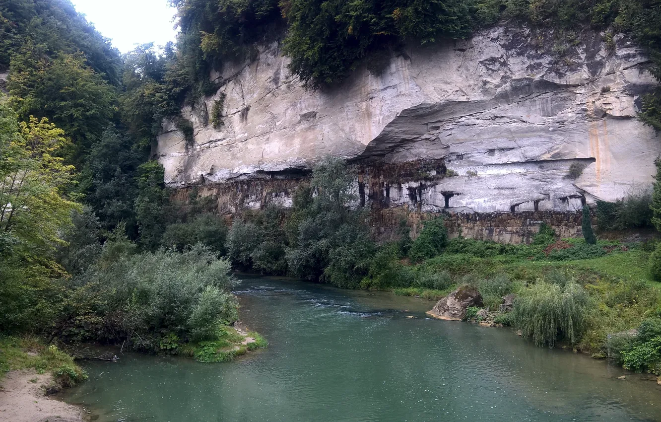 Photo wallpaper summer, river, water, tree, switzerland, cliff, rock face, fribourg