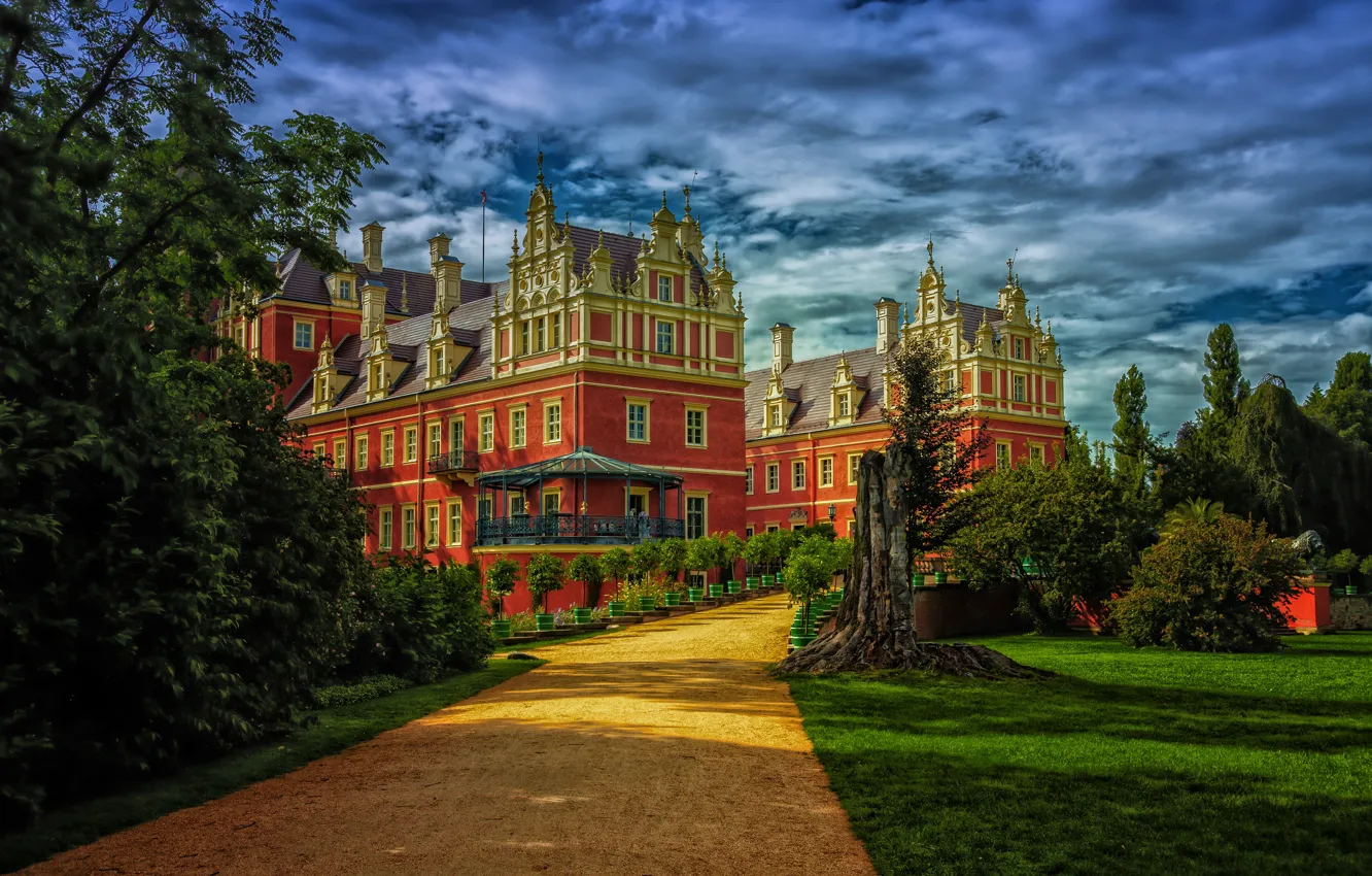 Photo wallpaper greens, the sky, grass, the sun, clouds, trees, design, lawn