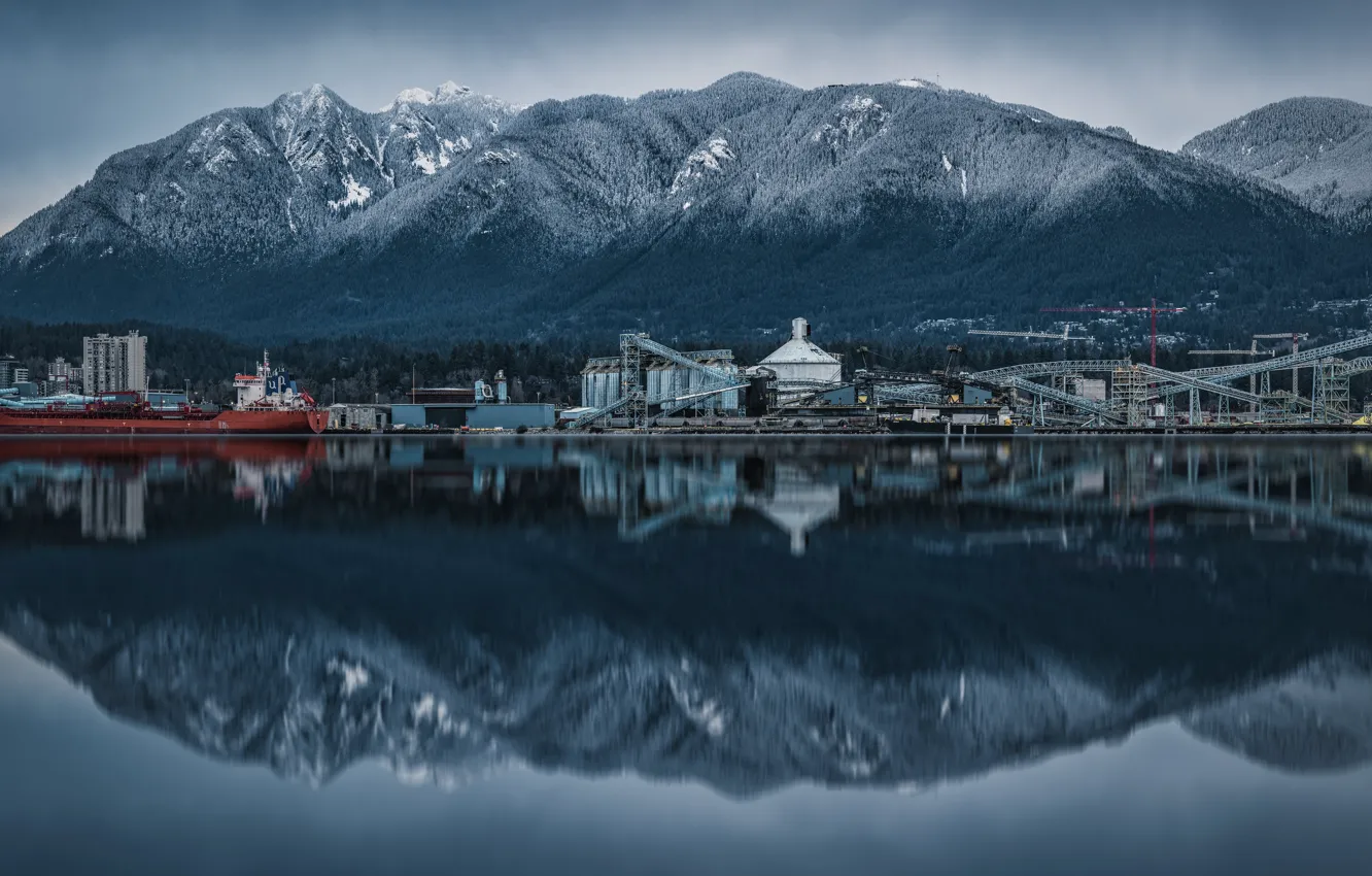 Photo wallpaper mountains, reflection, ship, building, technique, crane, port, pond
