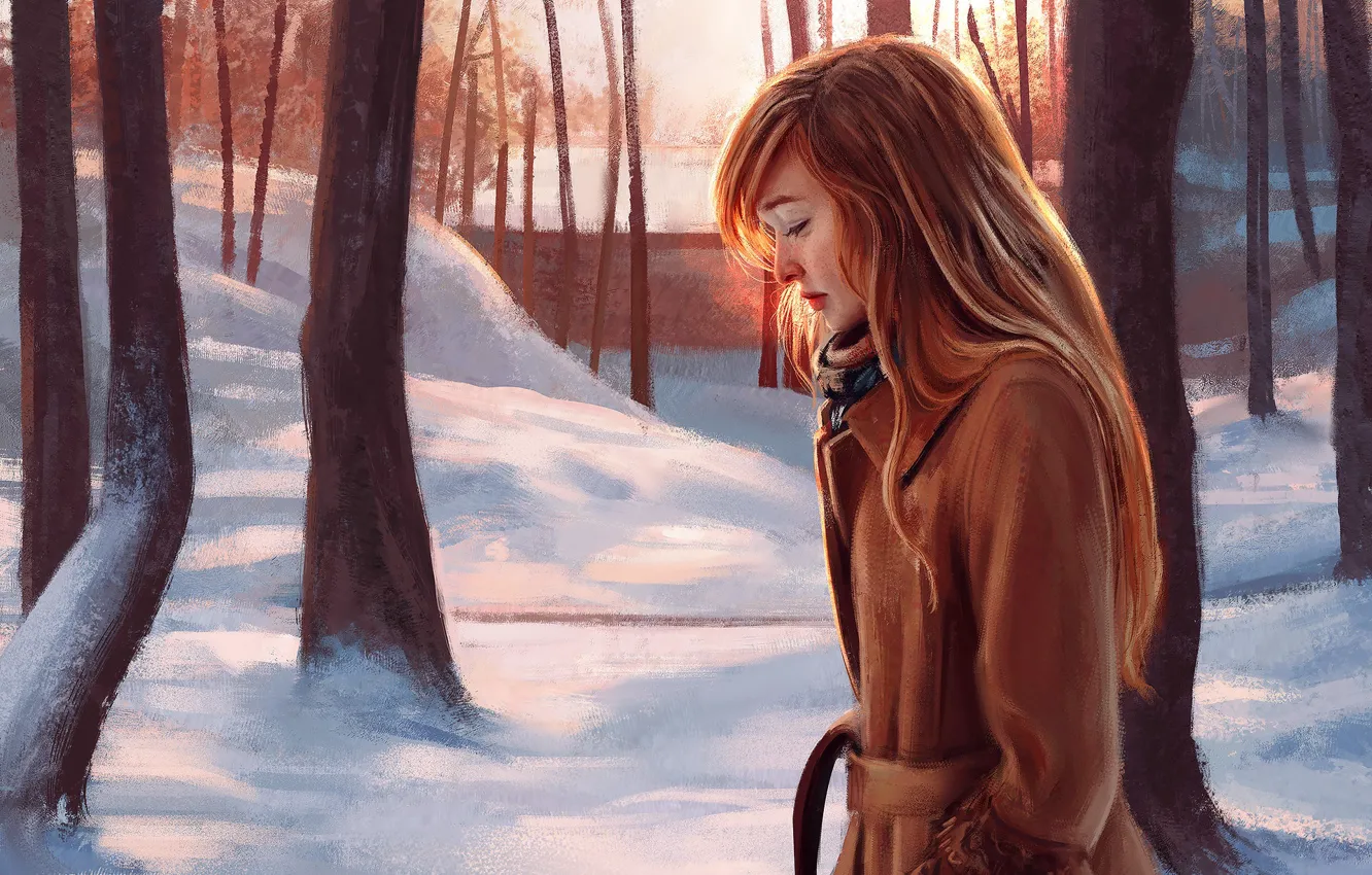 Photo wallpaper Winter, Girl, Figure, Trees, Snow, Girl, Art, Art