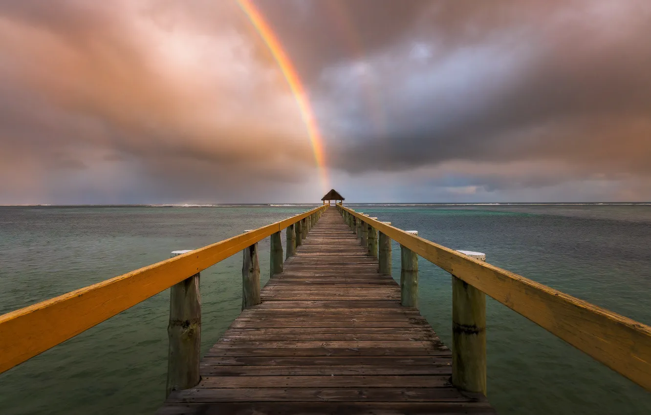 Photo wallpaper sea, the sky, bridge, shore, rainbow, pierce