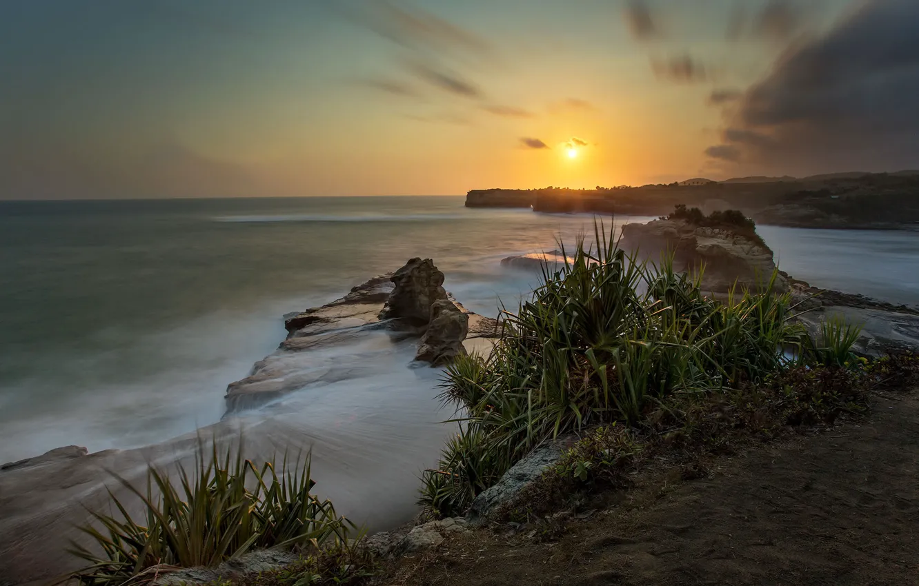 Photo wallpaper sea, sunset, rocks