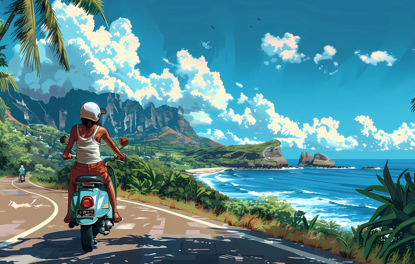 Photo wallpaper road, sea, clouds, style, retro, palm trees, Hawaii, scooter