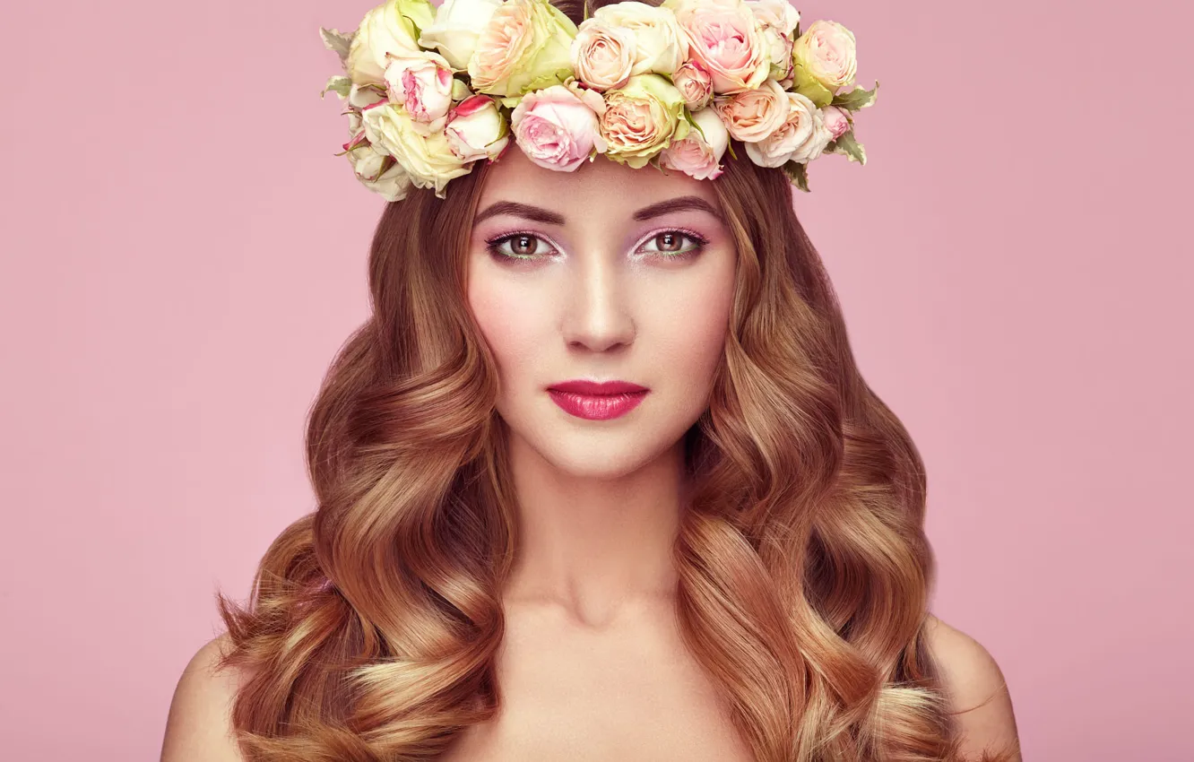 Photo wallpaper look, girl, flowers, portrait, makeup, beautiful, wreath, curls