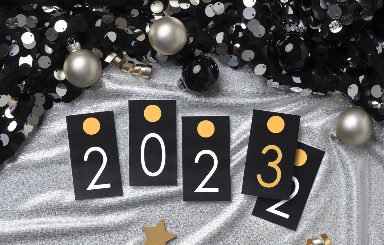 Photo wallpaper balls, holiday, black, silver, Shine, new year, silver, figures