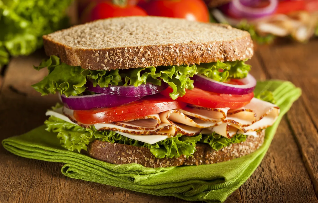 Photo wallpaper bow, bread, meat, tomatoes, sandwich, salad