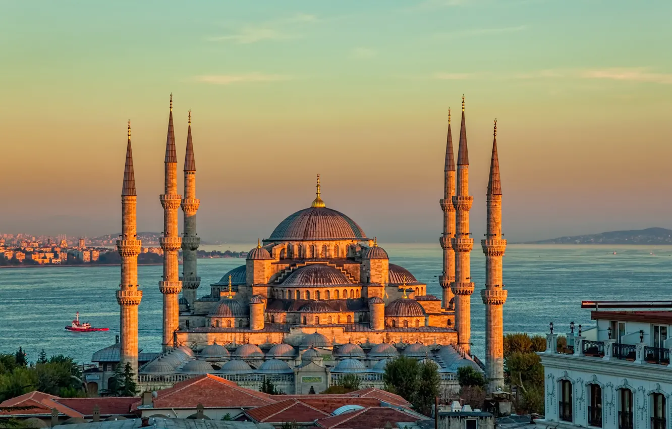 Photo wallpaper landscape, sunset, Strait, tower, temple, Istanbul, Turkey, Palace