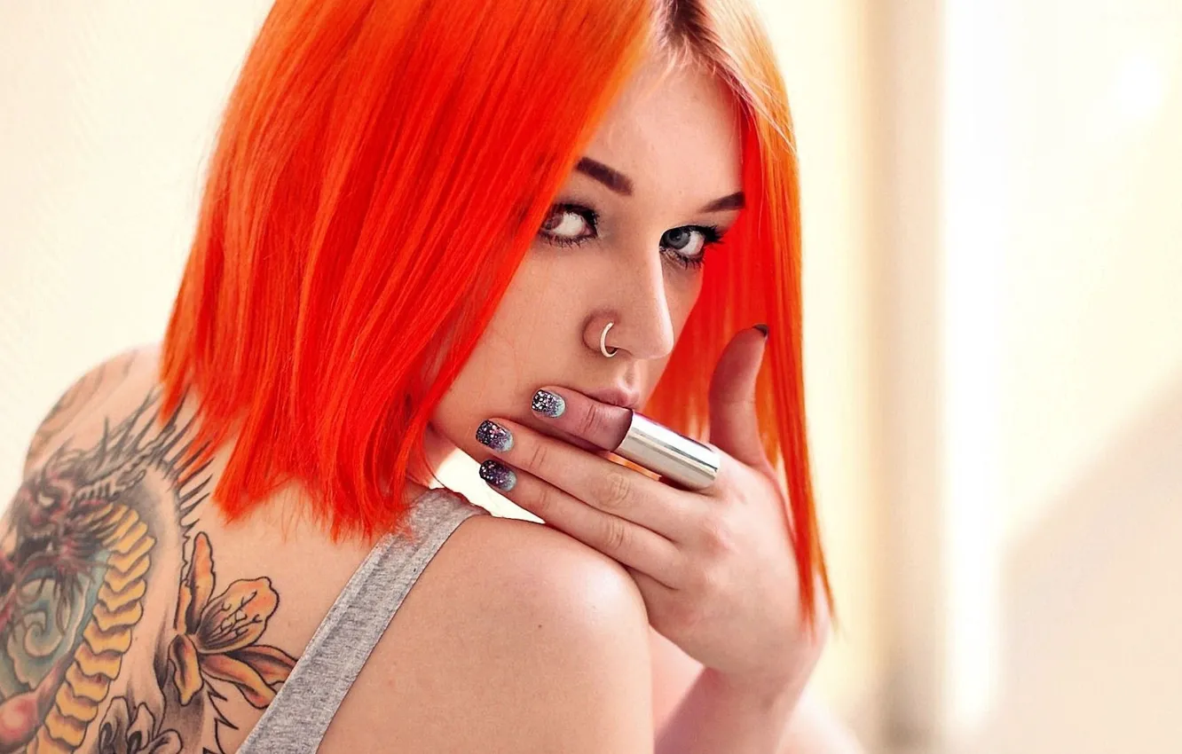 Photo wallpaper look, red, hair, back, color, tattoo, red, Aleksandra Wydrych