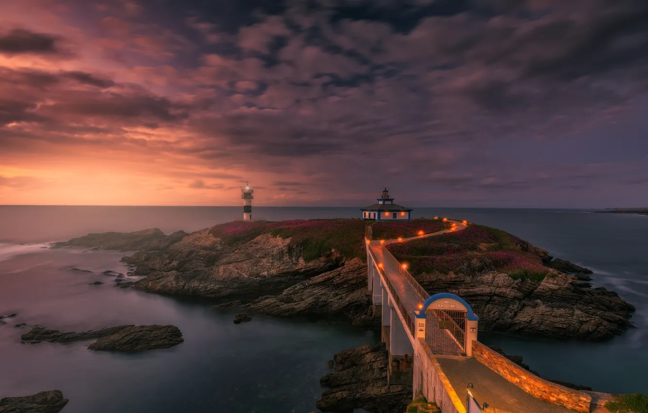Photo wallpaper sunset, bridge, lighthouse, the evening