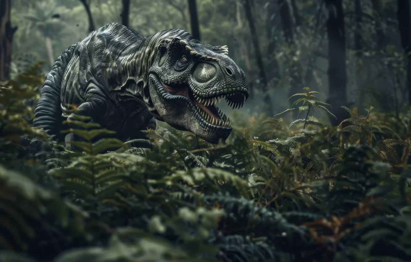 Photo wallpaper trees, animal, dinosaur, predator, teeth, jungle, Tyrannosaurus, digital art