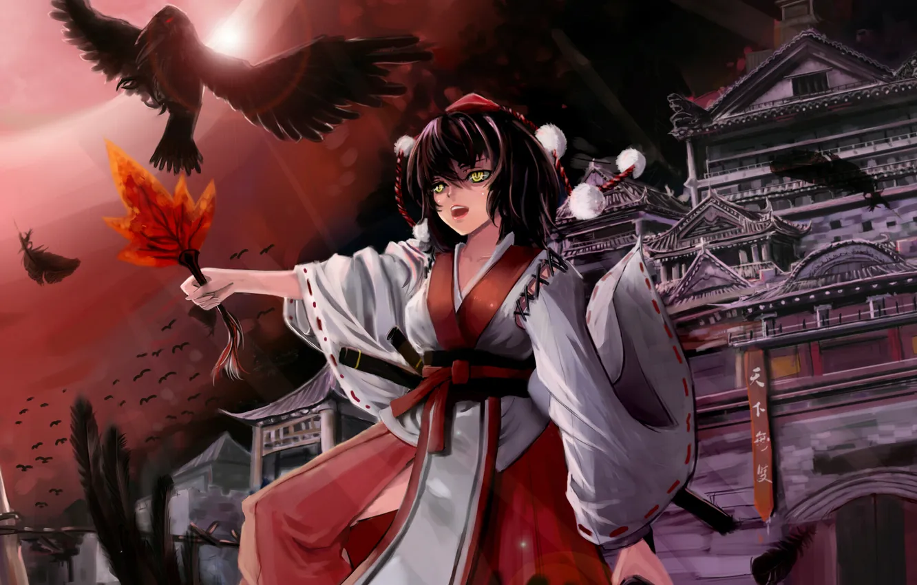 Photo wallpaper bird, fan, art, girl, temple, Raven, touhou, shameimaru aya