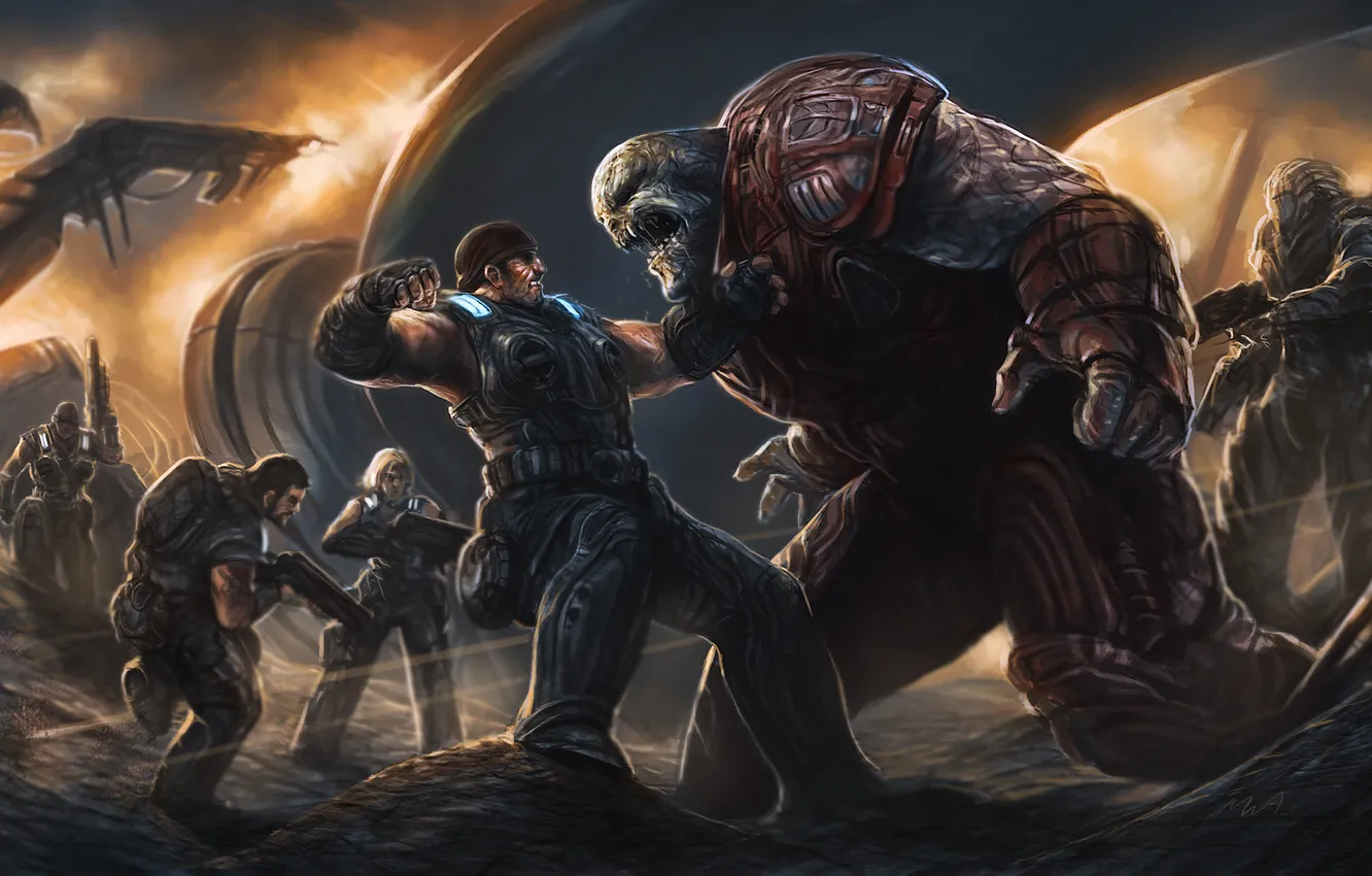 Photo wallpaper people, monster, art, soldiers, Gears of War 3