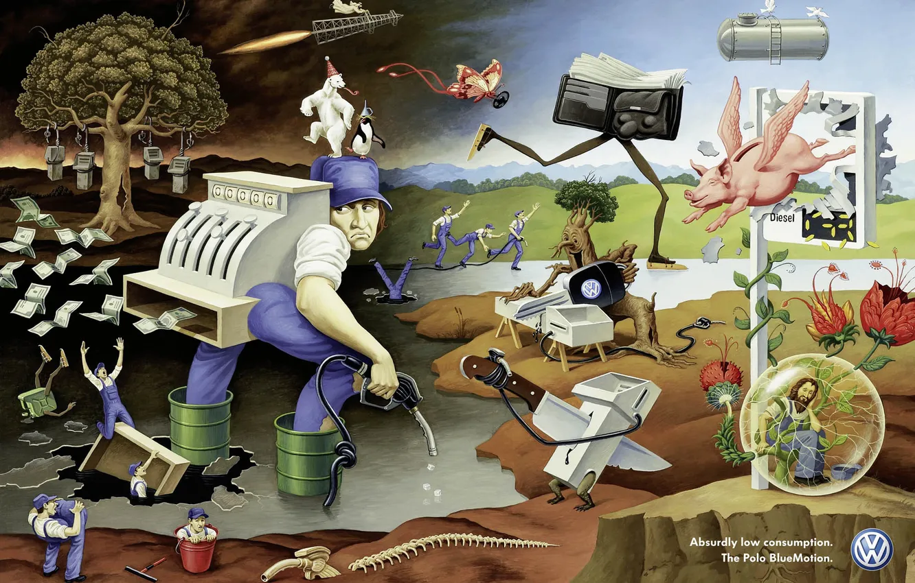 Photo wallpaper trees, flowers, money, piggy, Volkswagen, knife, skeleton, pig