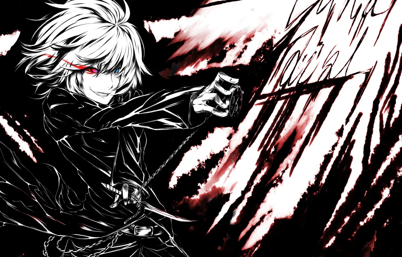 Photo wallpaper attack, knives, madness, art, burning eyes, black suit, Touhou Project, hell of a grin