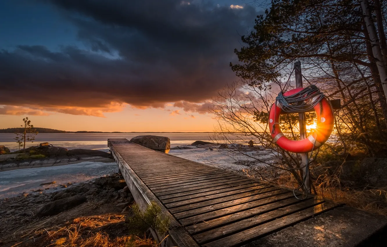 Photo wallpaper the sun, pier, Finland, lifeline