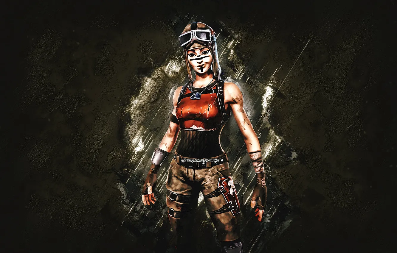 Photo wallpaper Fortnite, Fortnite characters, main characters, Fortnite skins, Fortnite Renegade Raider Skin, brown stone background, Renegade …