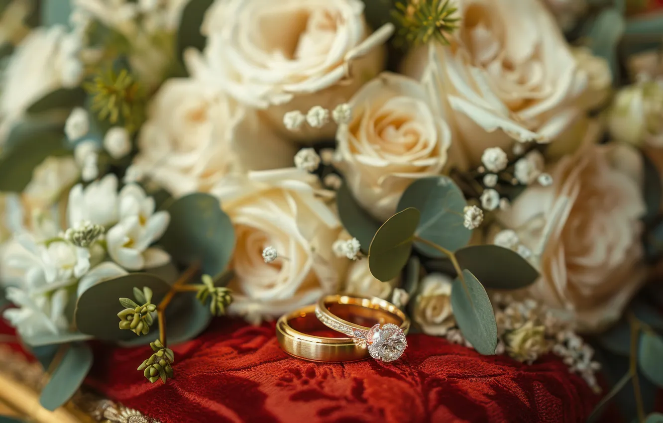 Photo wallpaper flowers, holiday, roses, bouquet, ring, cream, white, wedding