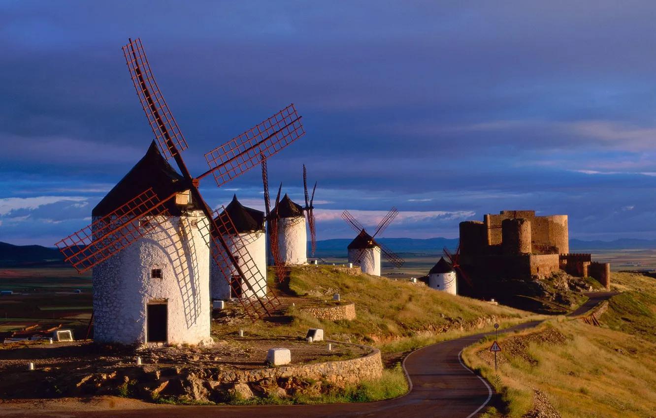 Photo wallpaper road, castle, mill, Spain