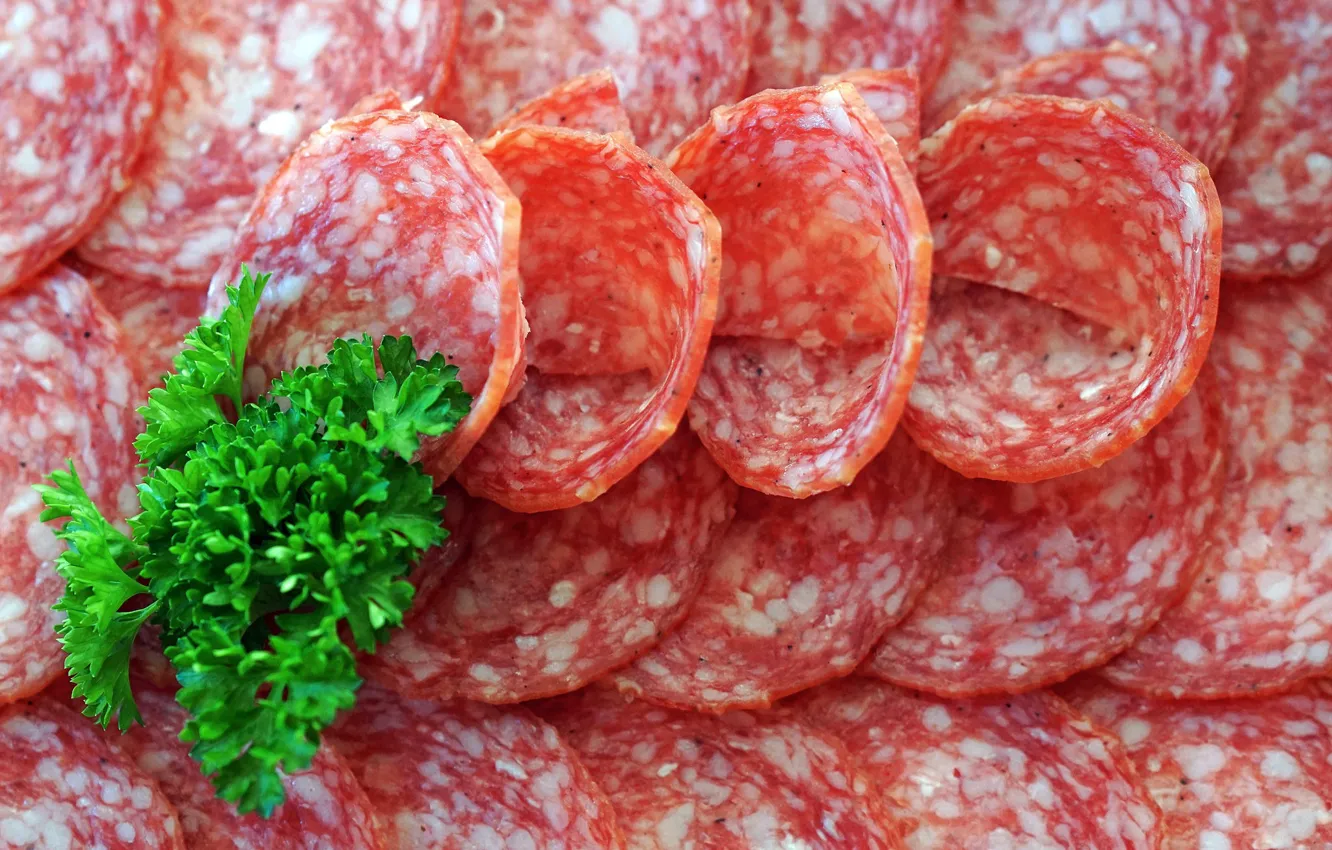 Photo wallpaper greens, texture, sausage, cutting, salami