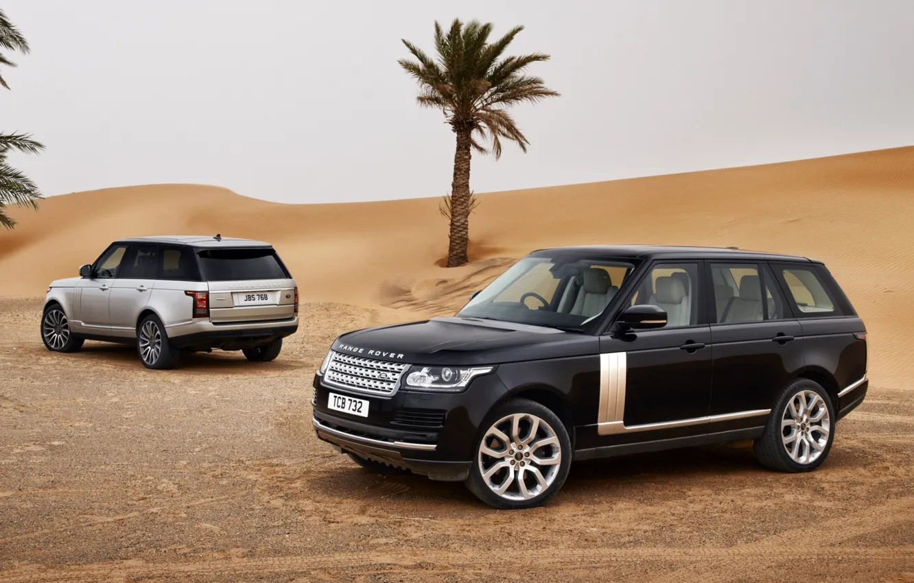 Photo wallpaper sand, the sky, palm trees, black, desert, silver, jeep, SUV