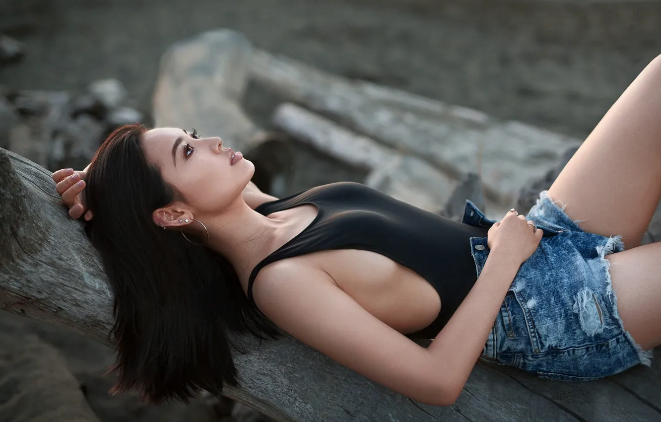 Photo wallpaper swimsuit, girl, pose, shorts, brunette, trunk, Asian, Mike Wu