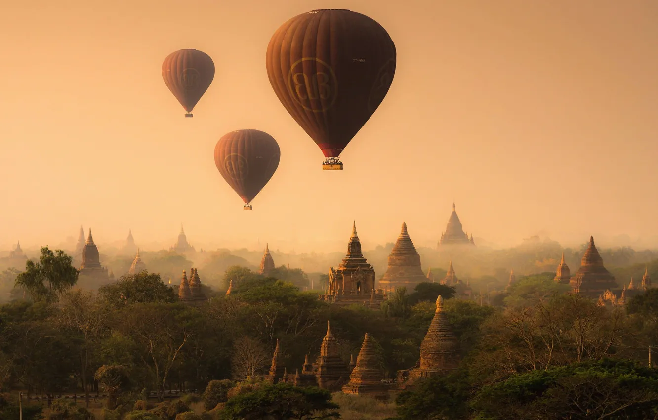 Photo wallpaper the sky, balloons, temple, pagoda, Myanmar, the ancient capital, Pagan