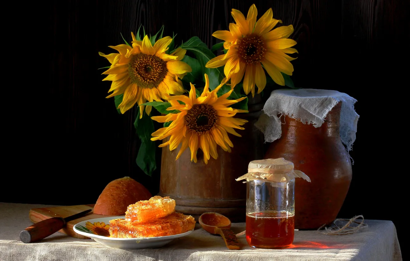 Photo wallpaper sunflowers, flowers, table, bouquet, cell, honey, plate, bread