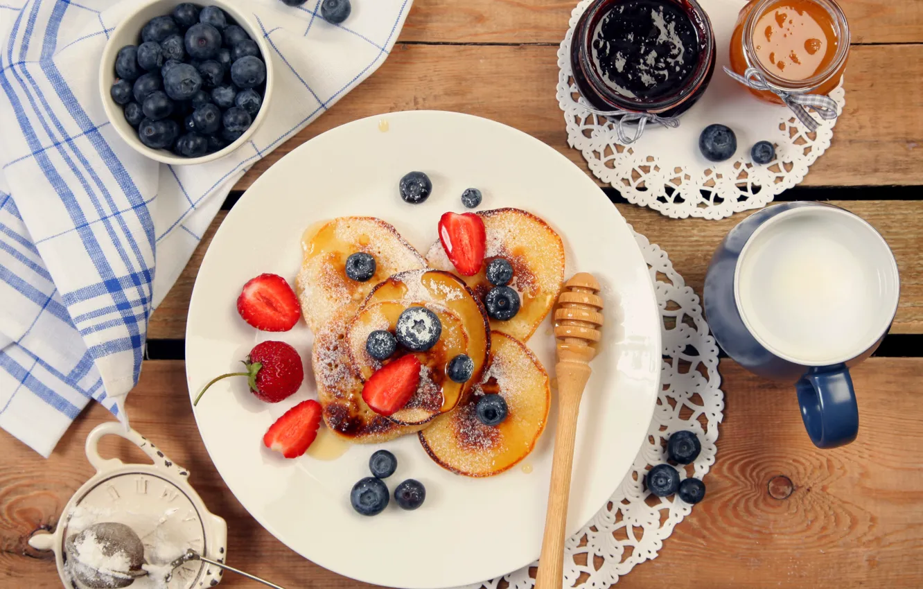 Photo wallpaper food, milk, blueberries, strawberry, pancakes, dessert, food, dessert