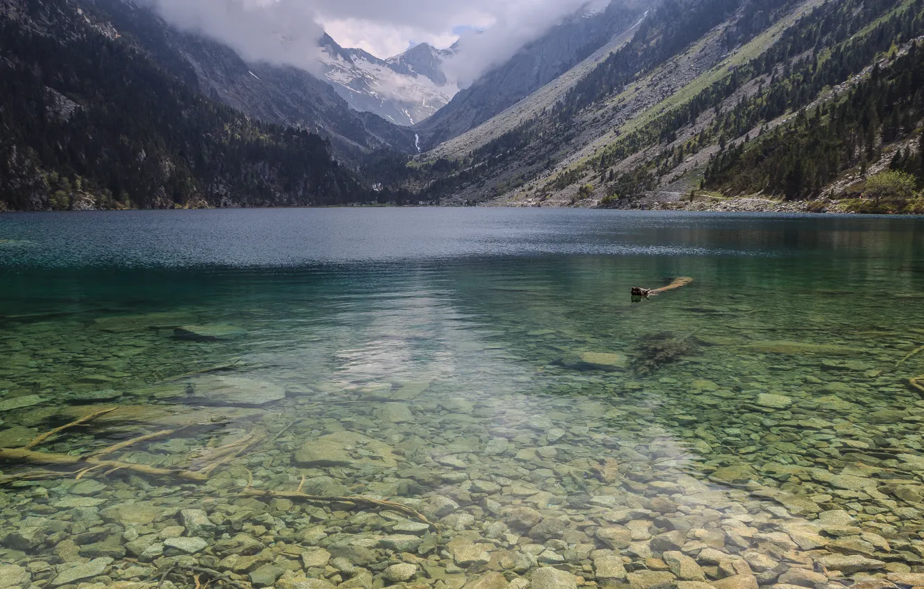 Photo wallpaper transparency, mountains, nature, lake, stones