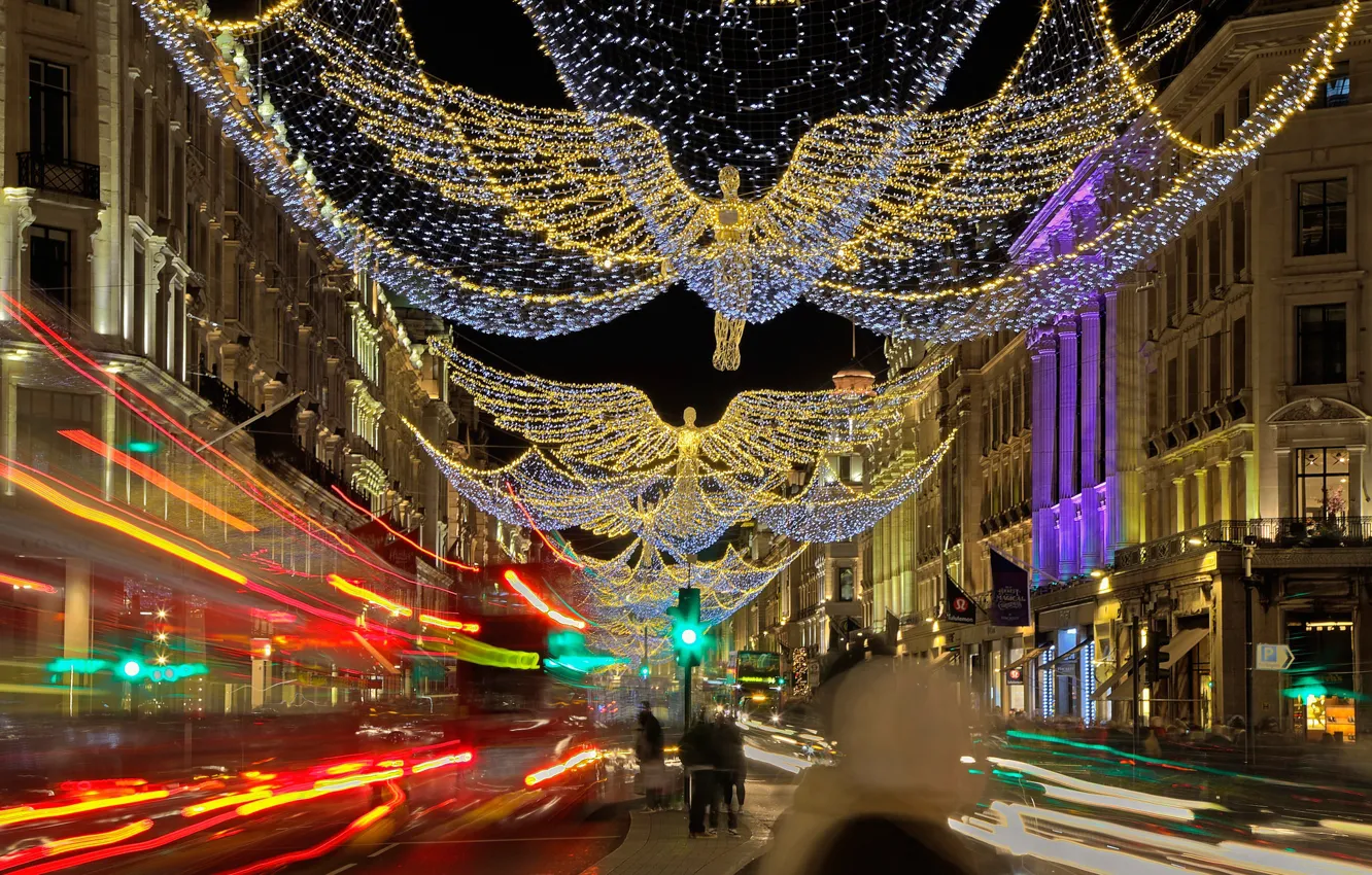Photo wallpaper lights, holiday, England, London, Christmas, Regent street