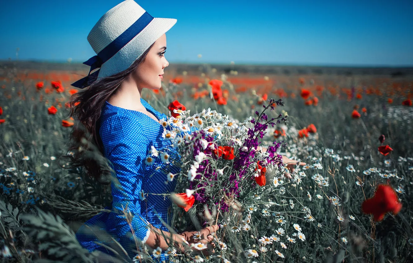Photo wallpaper field, summer, girl, flowers, nature, bouquet, hat, dress