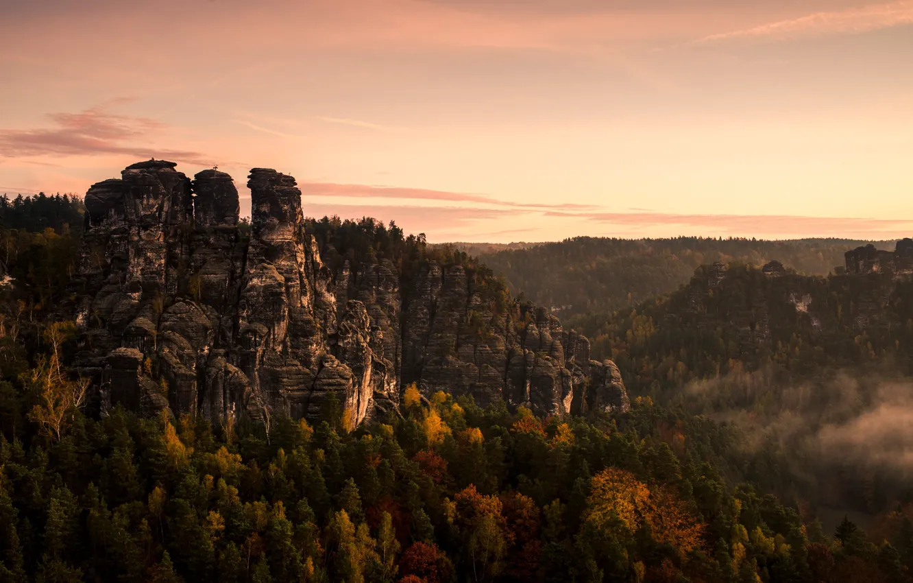 Photo wallpaper autumn, forest, mountains, fog, stones, rocks, view, height