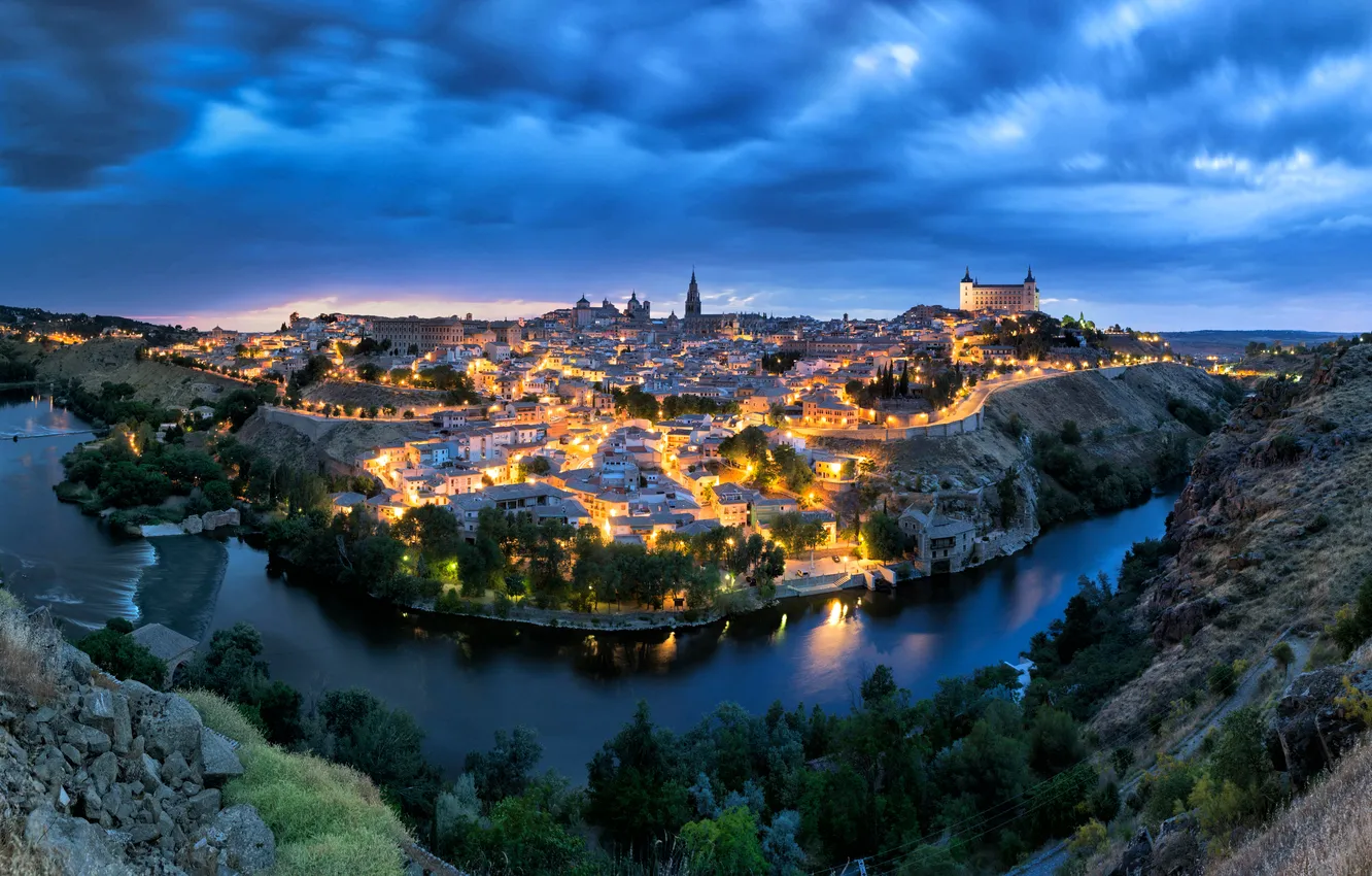 Photo wallpaper lights, river, sky, night, clouds, Spain, Town, Toledo