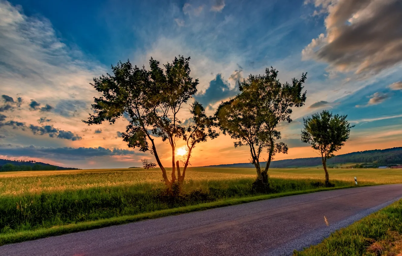Photo wallpaper road, the sky, sunset, photo