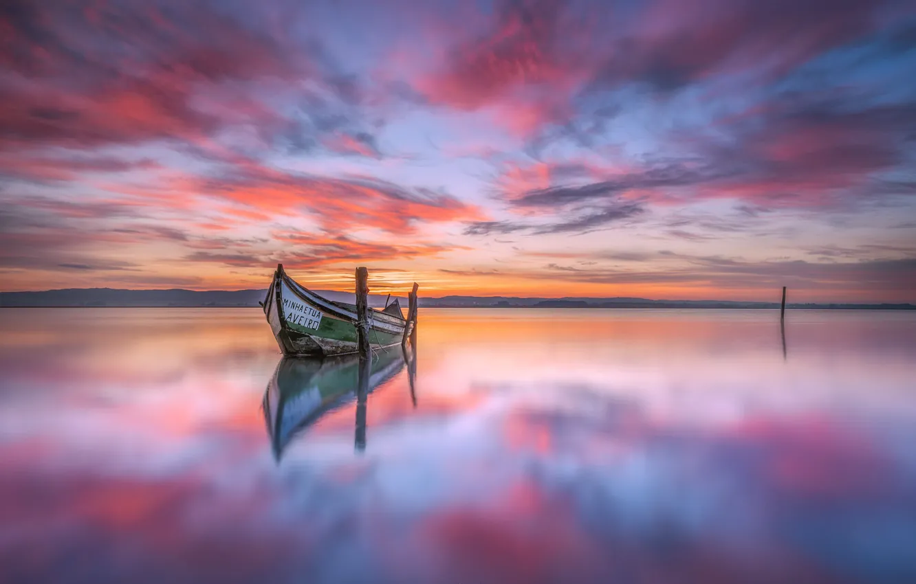 Photo wallpaper sunset, lake, boat