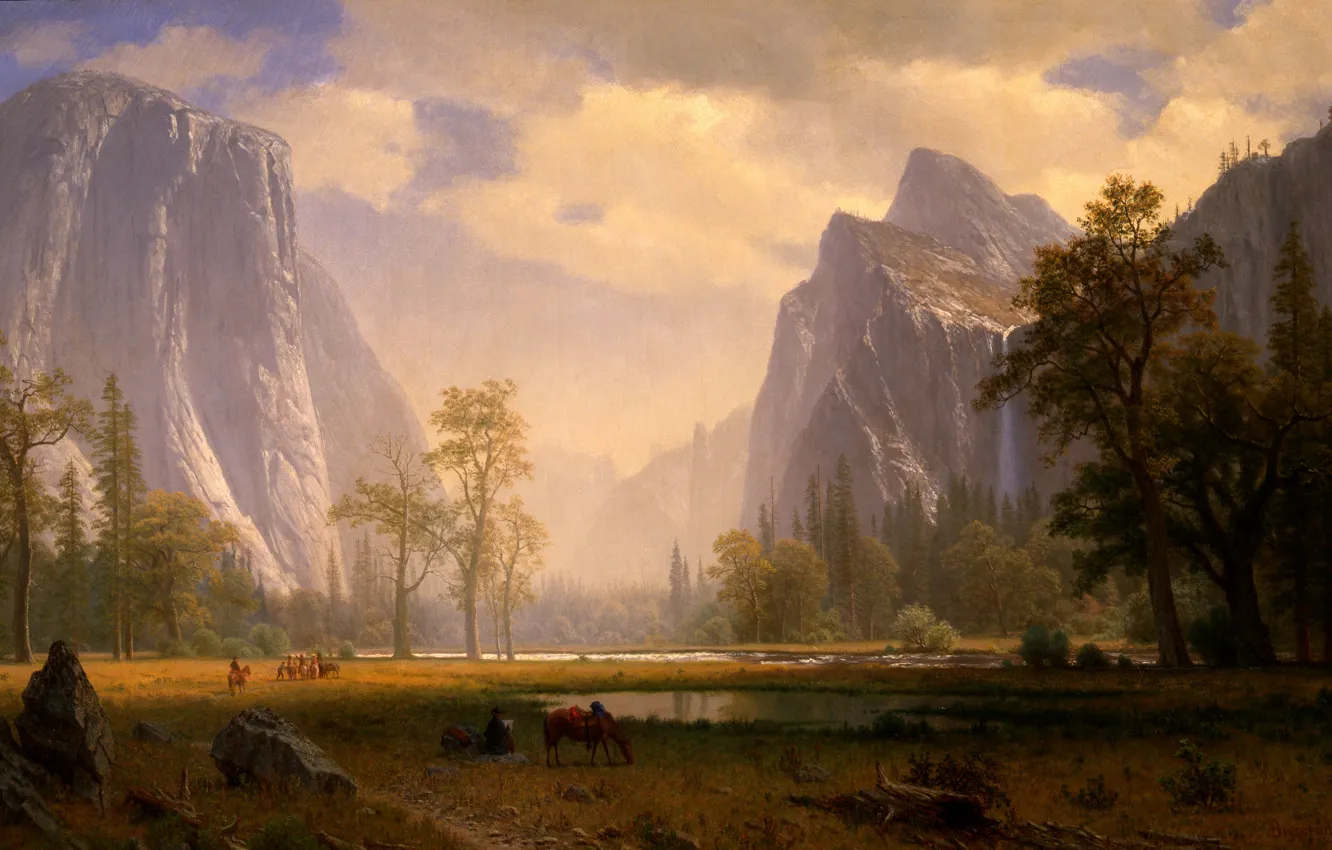 Photo wallpaper picture, painting, painting, Albert Bierstadt, Looking Up the Yosemite Valley