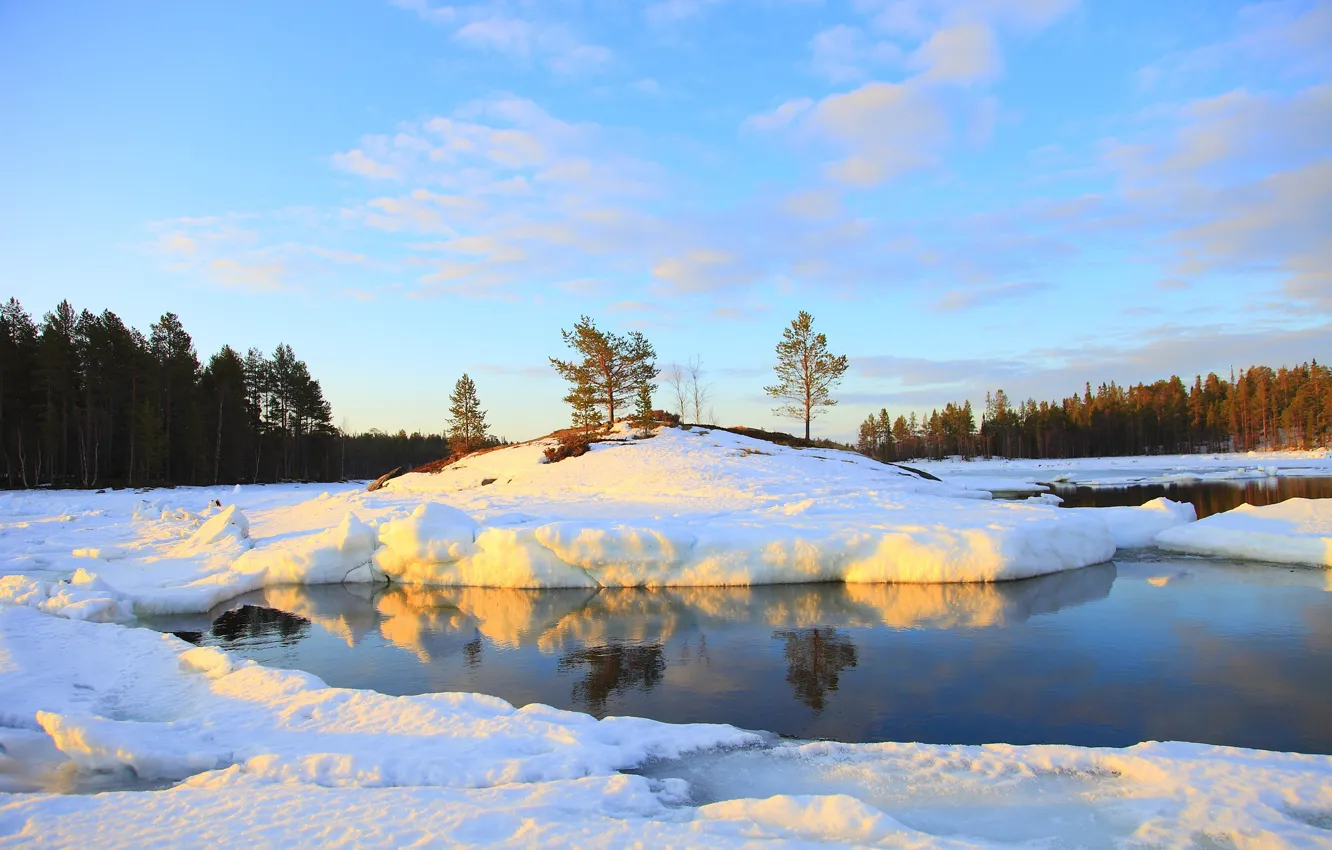 Photo wallpaper winter, forest, the sky, water, snow, nature, river, photo