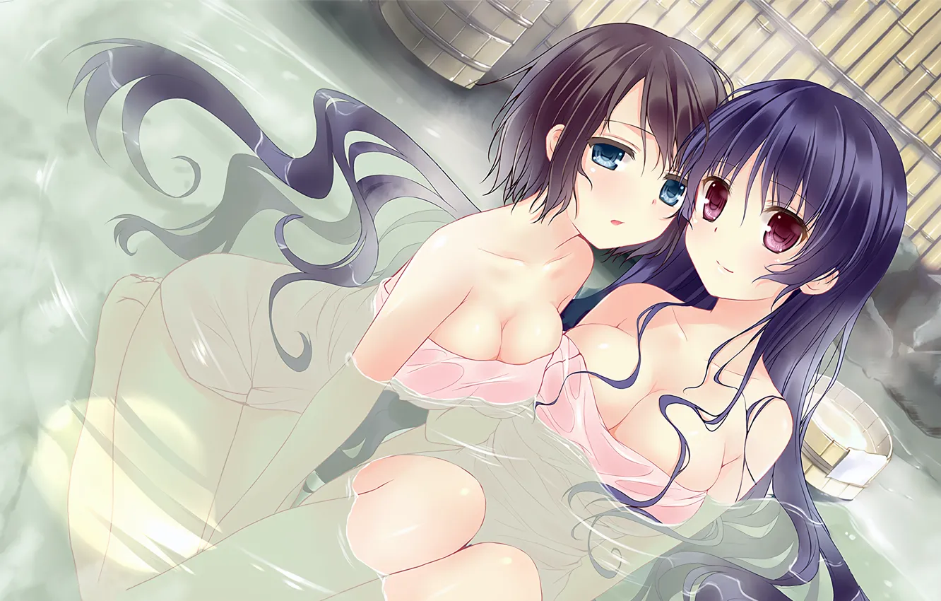 Photo wallpaper sexy, cleavage, long hair, girls, boobs, anime, water, blue eyes