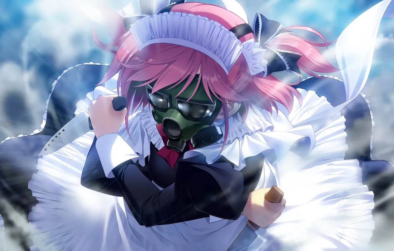 Photo wallpaper girl, weapons, art, knife, gas mask, bow, the maid, komine sachi