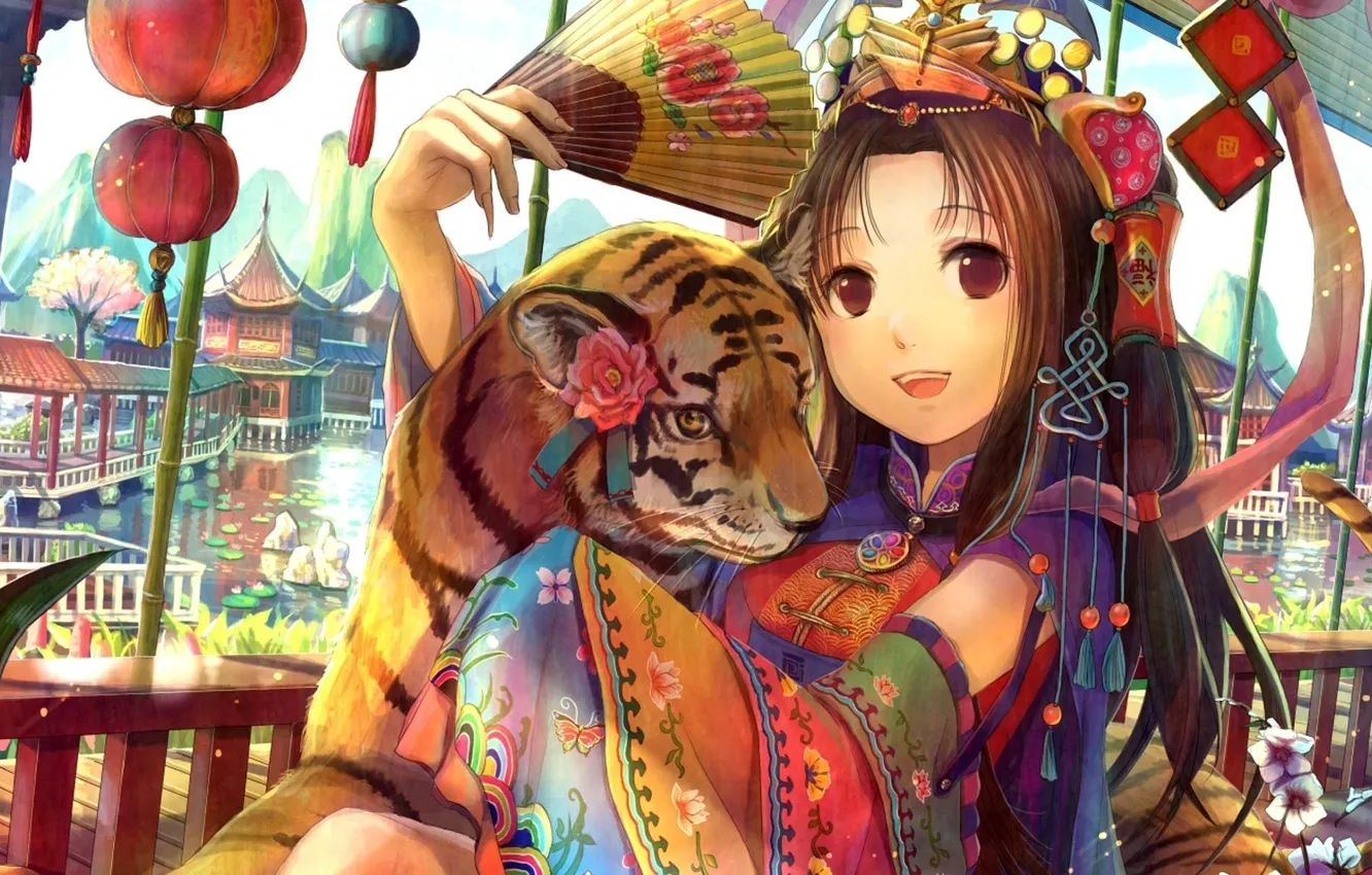 Photo wallpaper girl, flowers, tiger, fan