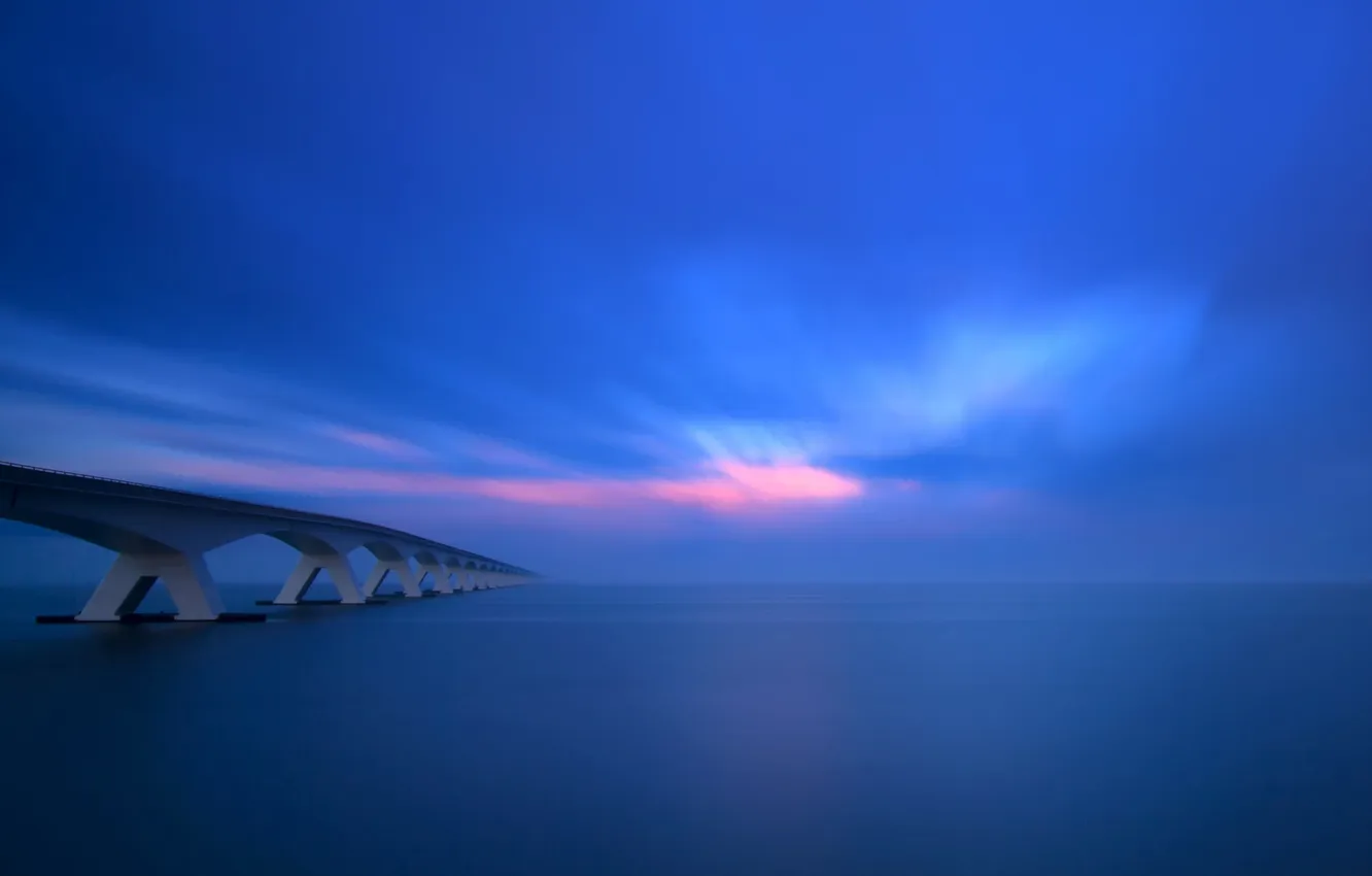 Photo wallpaper sea, the sky, sunset, clouds, bridge