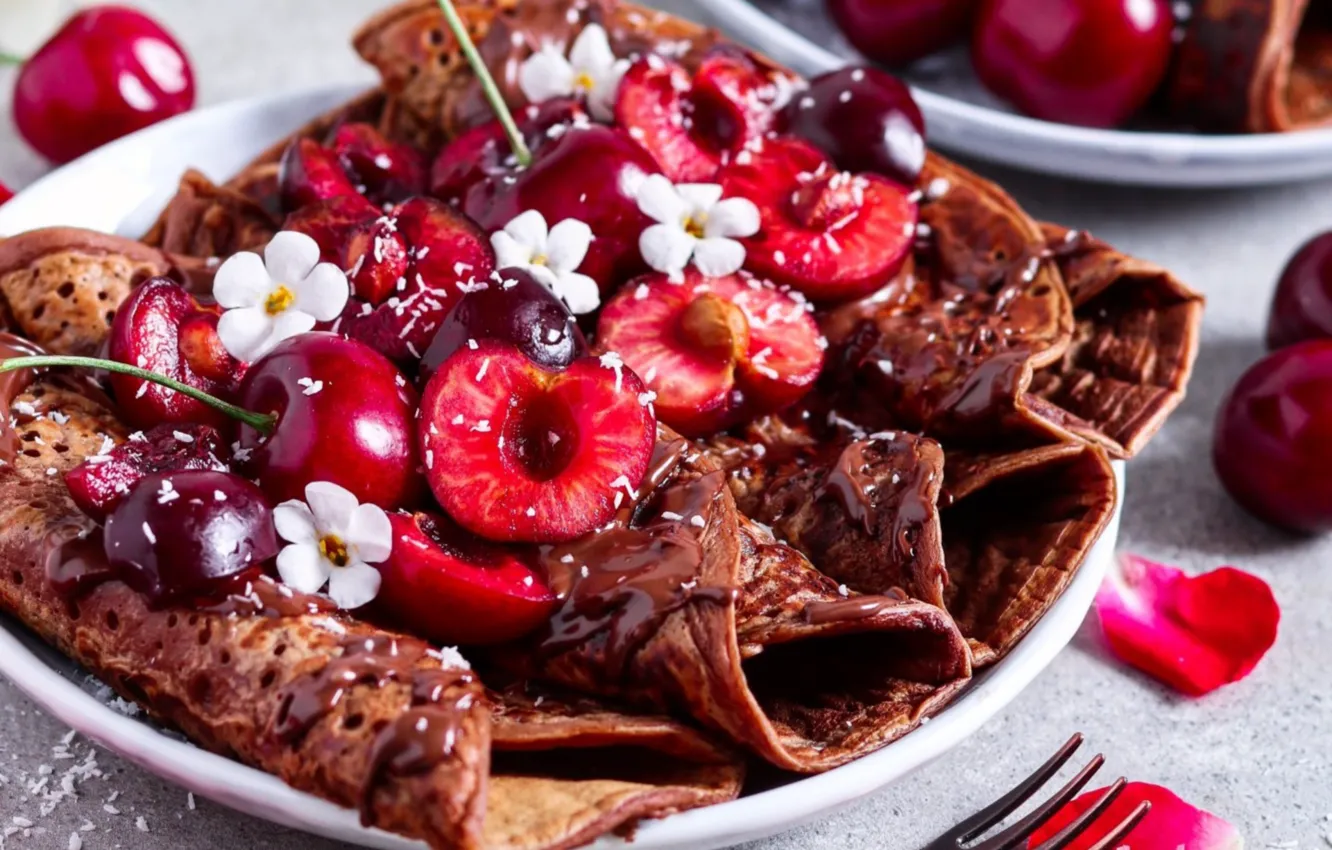 Photo wallpaper cherry, chocolate, pancakes, cheese