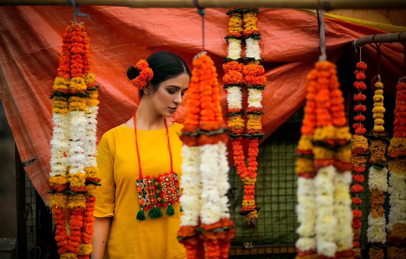 Photo wallpaper girl, flowers, pose, indian, yellow dress, bollywood, fashion model