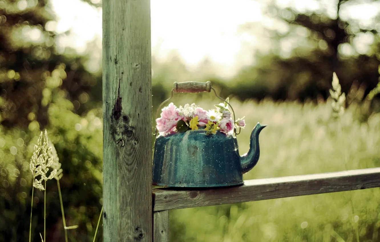 Photo wallpaper flowers, background, kettle
