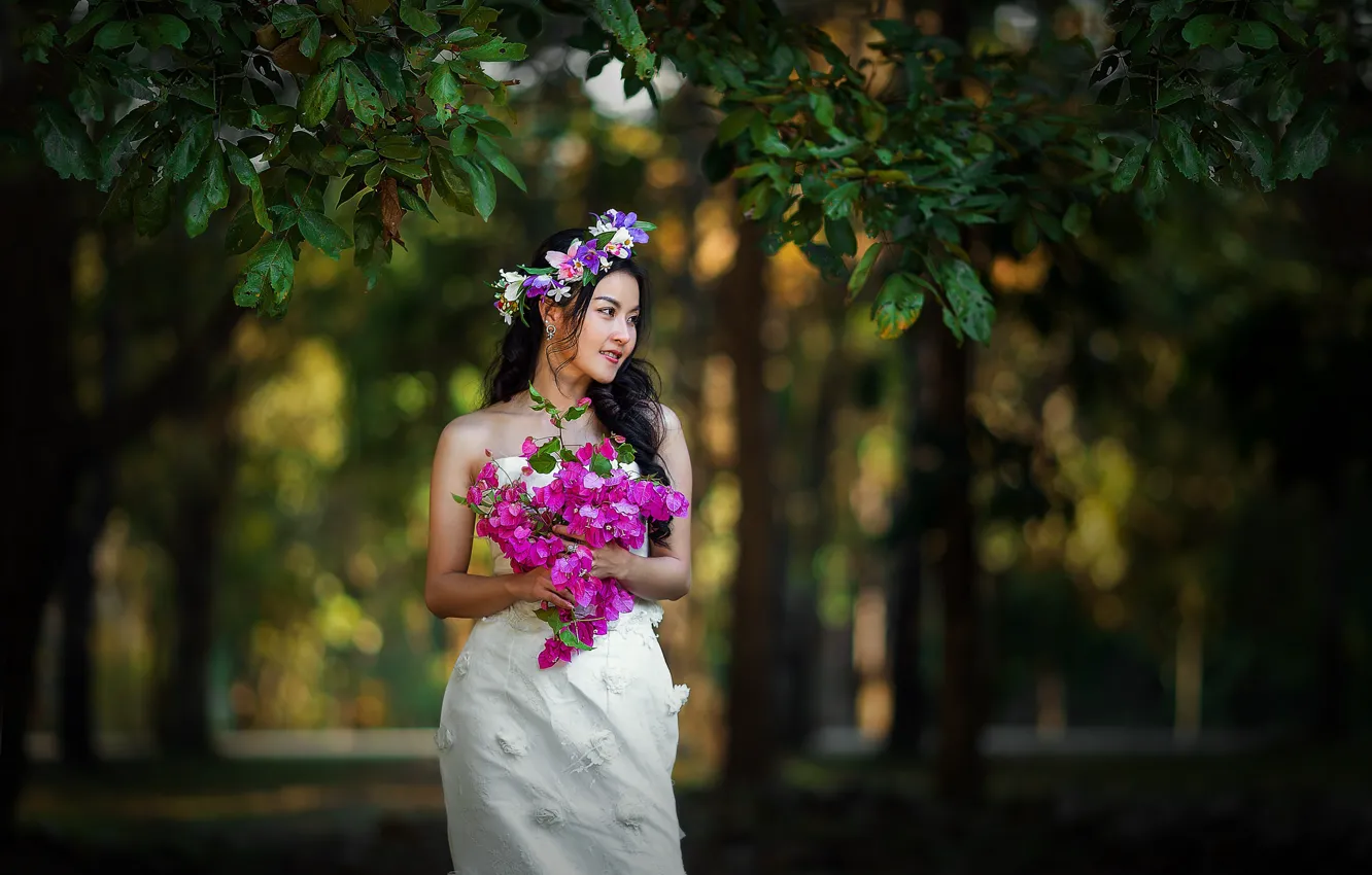 Photo wallpaper girl, dress, Asian, wreath